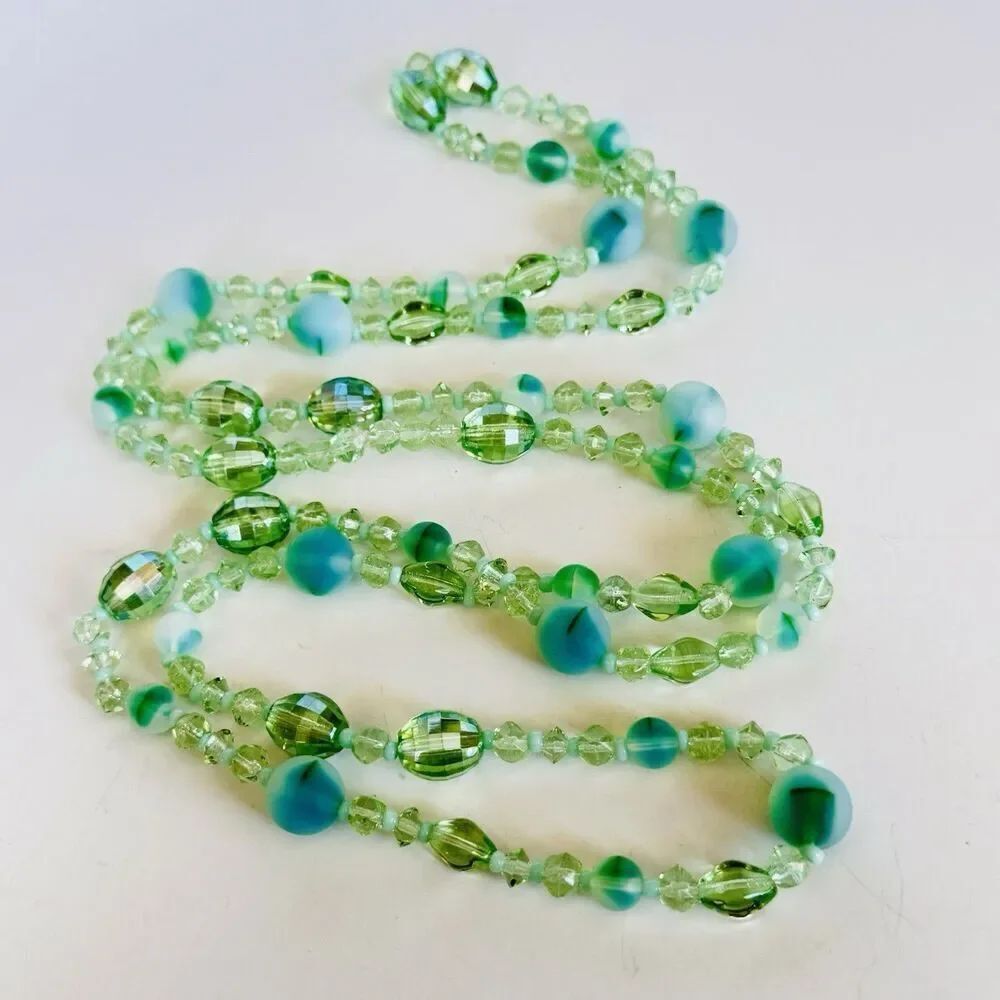 Vintage Green Aqua Blue Endless Necklace Endloskette Czech Glass Crystal Beads